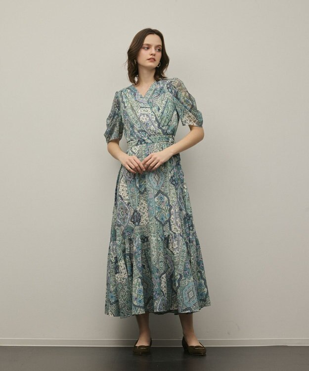 GRACE CONTINENTAL パッチワークプリントワンピース グリーン