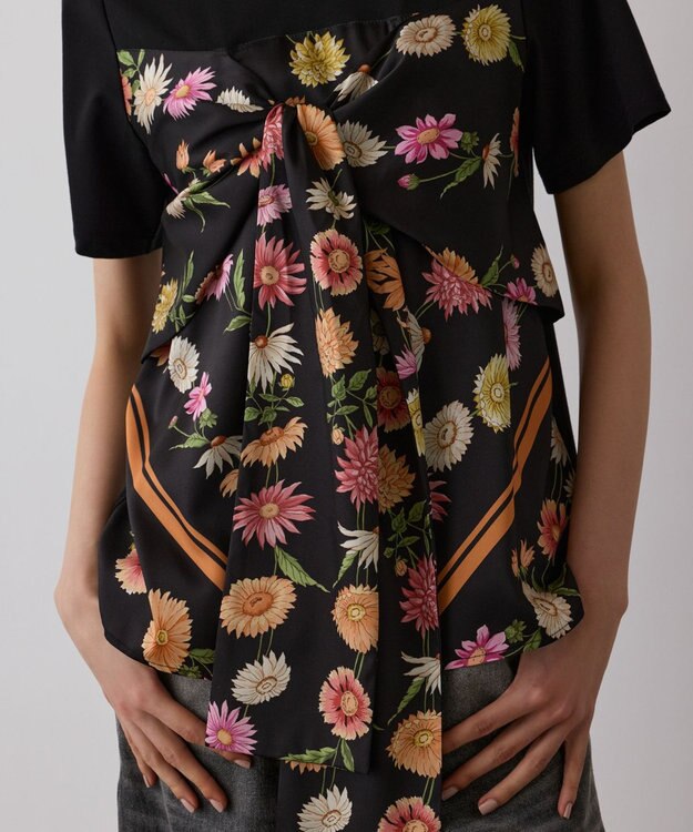 GRACE CONTINENTAL スカーフプリントコンビトップ ブラック