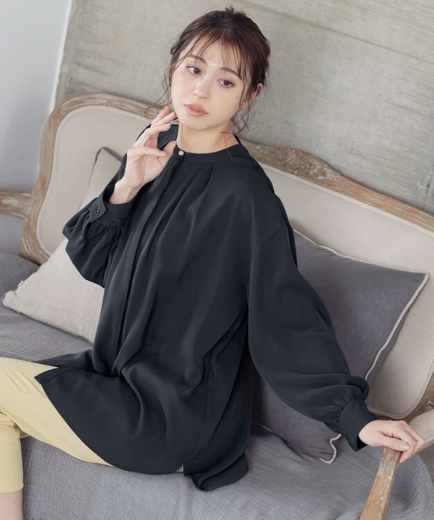 Tiaclasse 【洗える】とろみシャツチュニックブラウス ネイビー