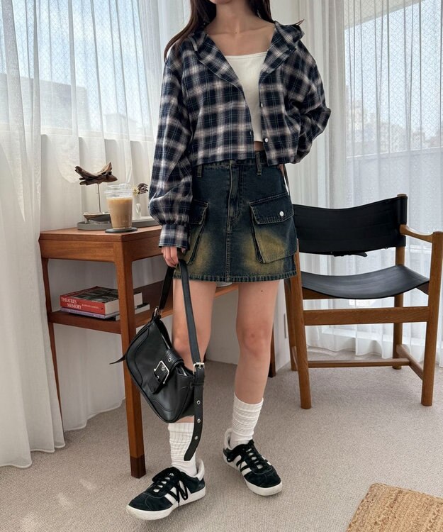 WEGO チェックショートフードシャツ ネイビー