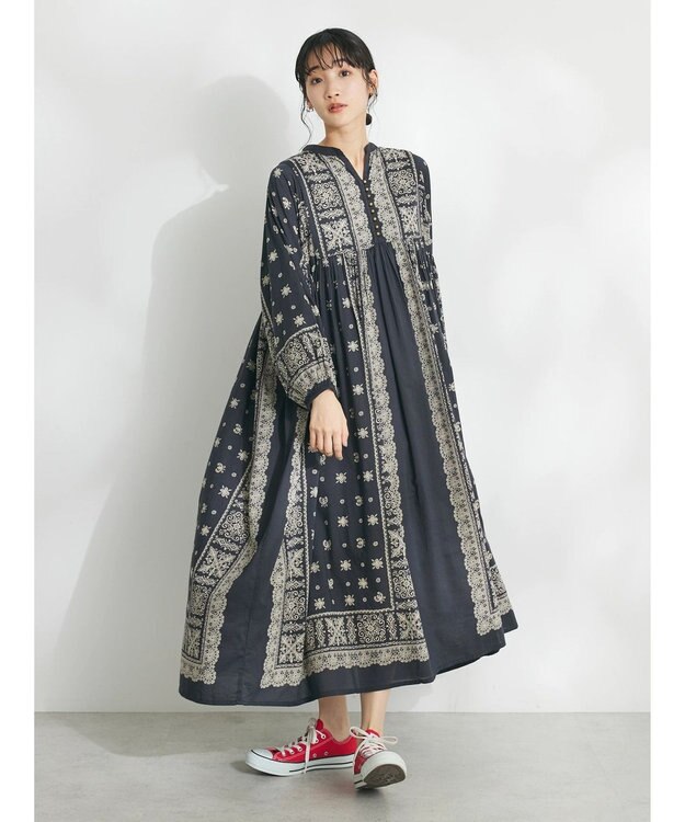 CRAFT STANDARD BOUTIQUE パネル柄ウエスト切り替えボリュームワンピース Charcoal Gray