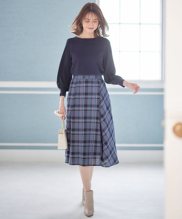 ANY SIS 【洗える】ライトカラーチェック スカート ネイビー系
