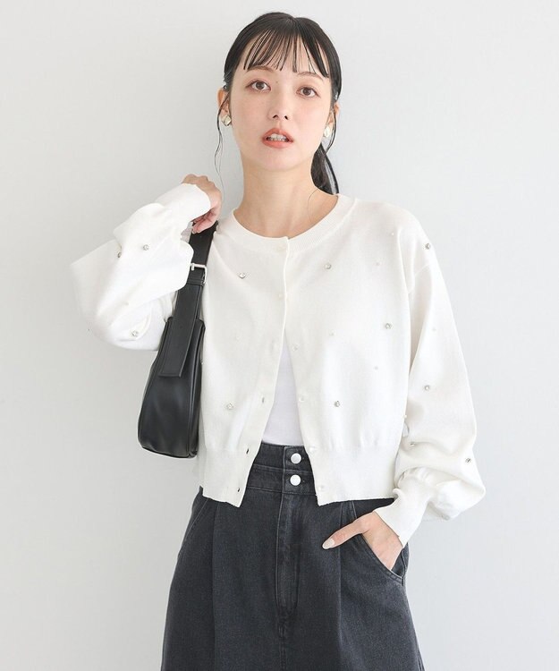 earth music&ecology パール＆ビジューカーディガン Ivory