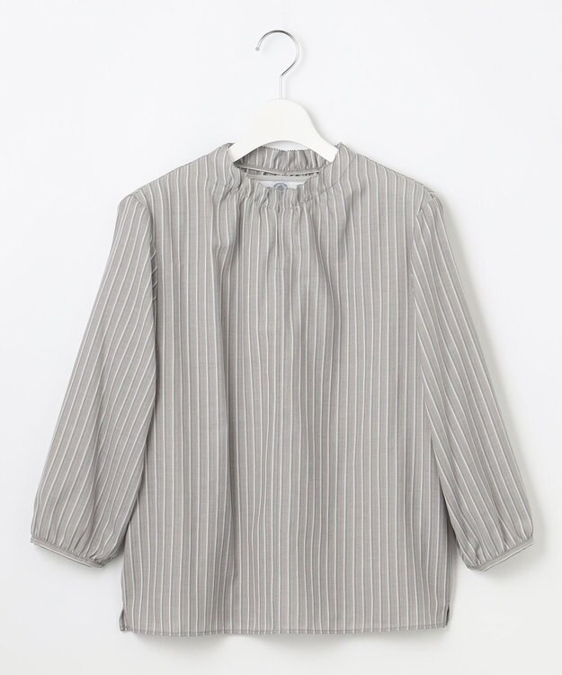 J.PRESS LADIES L プロビスストライプチェック フリルネック カットソー グレーストライプ系