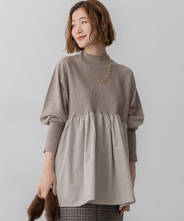 23区 L 【洗える】ギャザープルオーバー コンビ ニット ベージュ系