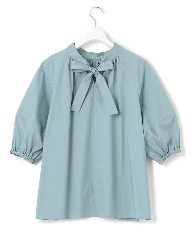 23区 L 【一部店舗限定/洗える】ハイカウントウェザーストレッチ ボウタイ付き ランタンスリーブ ブラウス ターコイズブルー系
