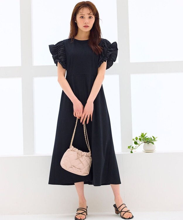 Feroux 【洗える】ドレスシルエット カットソー ワンピース ブラック系