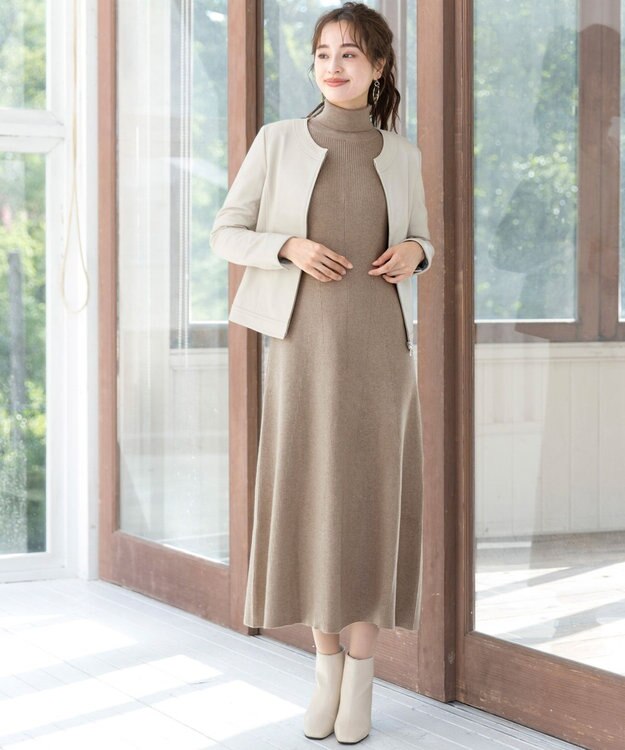 Tiaclasse 【洗える】大人上品なニットカーデ＋ワンピースセット ベージュ