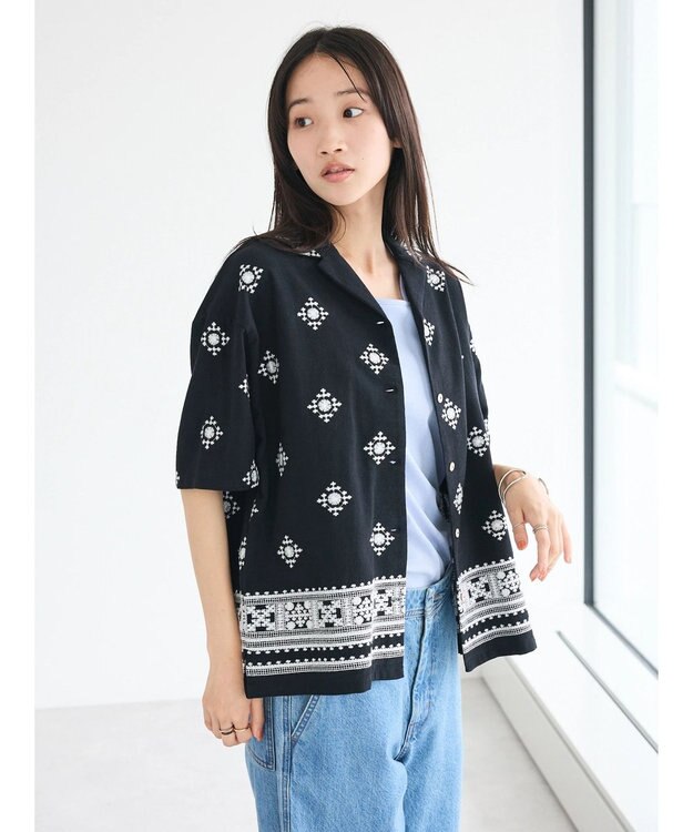 CRAFT STANDARD BOUTIQUE パネル刺繍開襟シャツ Black