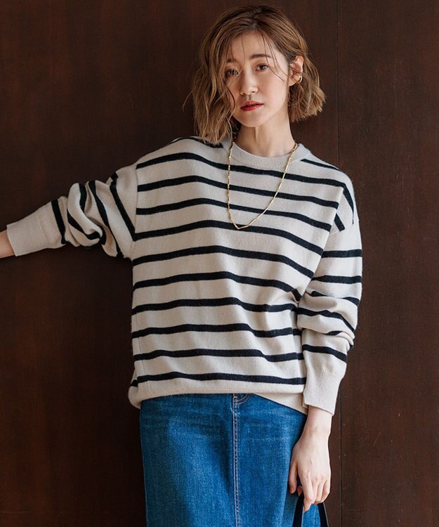 23区 【Oggi2月号掲載/洗える】ピュアカシミヤ クルーネック ニット ベージュ×ブラック