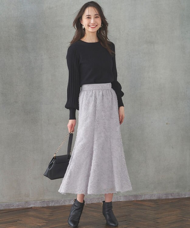 ANY SIS 【洗える】フェザーフラワージャカード スカート ライトグレー