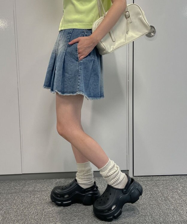 WEGO ヴィンテージウォッシュデニムプリーツスカパン デニム淡加工色