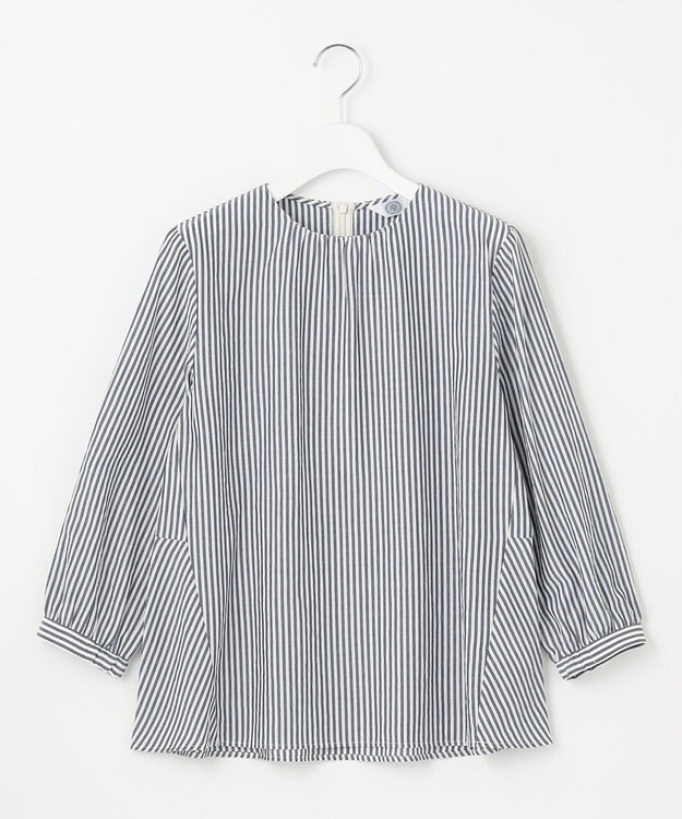 J.PRESS LADIES S 【洗える】コットンアセVis ストライプ クルーネック ブラウス ネイビー系1