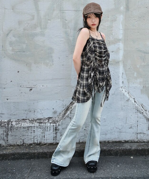 WEGO ドロストデザインキャミワンピース ブラックチェック1