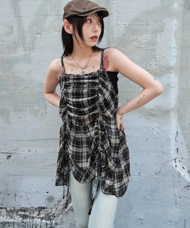 WEGO ドロストデザインキャミワンピース ブラックチェック1