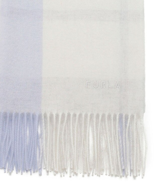 MOONBAT FURLA ウール混ラメ入りブロックチェックストールマフラー／幅50cm サックスブルー