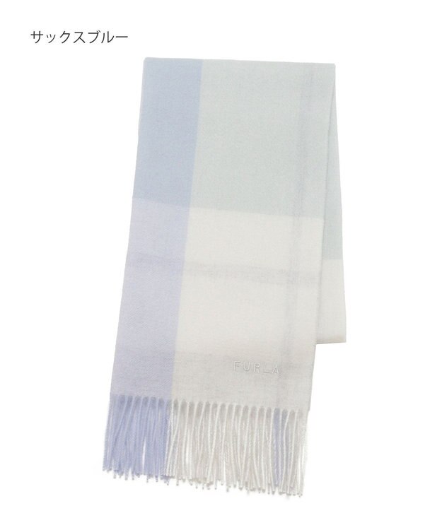 MOONBAT FURLA ウール混ラメ入りブロックチェックストールマフラー／幅50cm サックスブルー