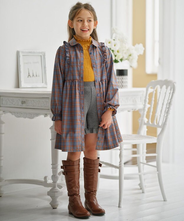 組曲 KIDS 【150-160㎝】リセチェックシャツ ワンピース ブルー×オレンジ系