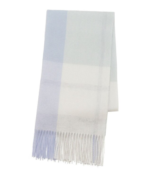 MOONBAT FURLA ウール混ラメ入りブロックチェックストールマフラー／幅50cm サックスブルー