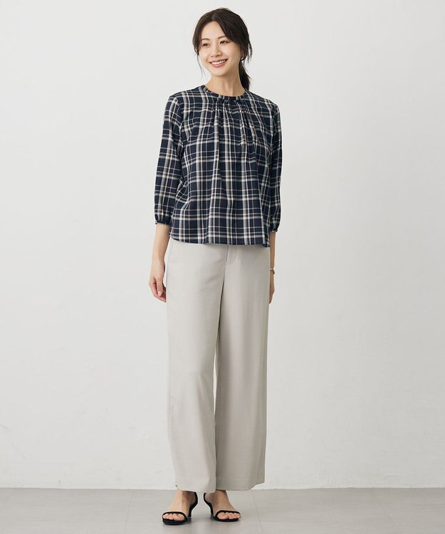 J.PRESS LADIES プロビスストライプ＆チェック カットソー ネイビーチェック系