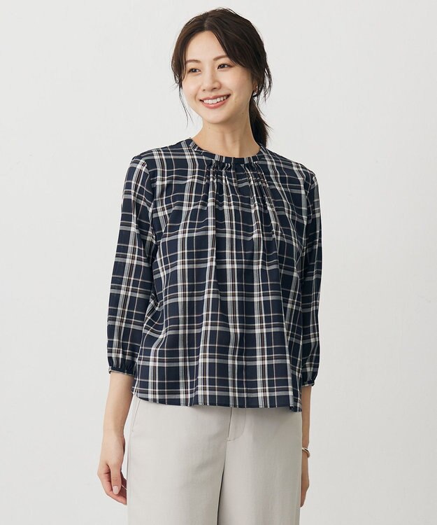 J.PRESS LADIES プロビスストライプ＆チェック カットソー ネイビーチェック系