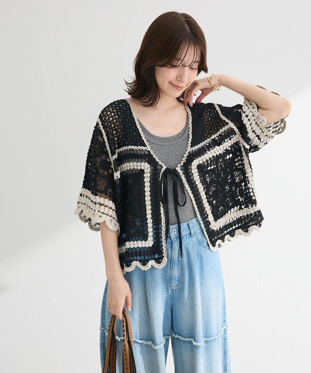 Green Parks ・ＥＬＥＮＣＡＲＥ　ＤＵＥ　カギ針風レースカーデ Black