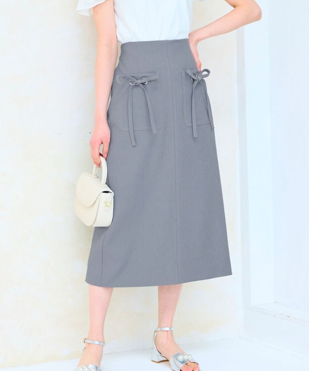 Feroux 【洗える】リボンポケット付きIライン スカート ブルー系