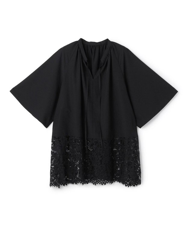 UNFILO L レースヘム ギャザーブラウス ブラック