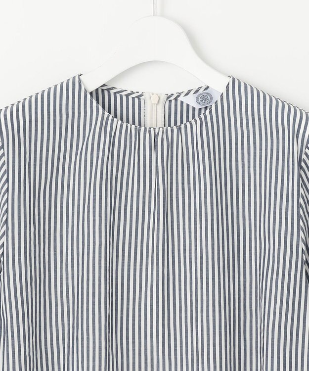 J.PRESS LADIES S 【洗える】コットンアセVis ストライプ クルーネック ブラウス ネイビー系1