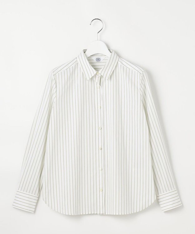 J.PRESS LADIES BEZコットンナイロン ストライプ シャツカラー ブラウス ホワイト×ライム×グレー系