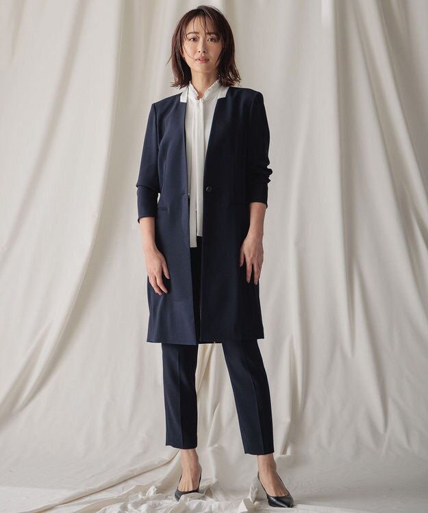 BEIGE， 【L-size】CINDY / ノーカラーロングジャケット Navy × White