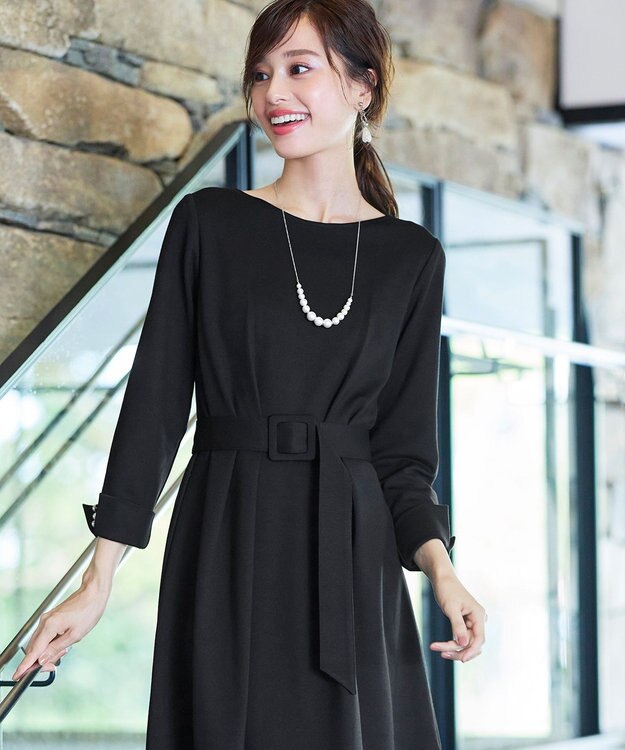 Tiaclasse 【GOLD LABEL・洗える】パールボタン付きポンチワンピース ブラック