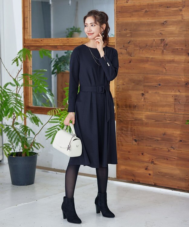 Tiaclasse 【GOLD LABEL・洗える】パールボタン付きポンチワンピース ネイビー