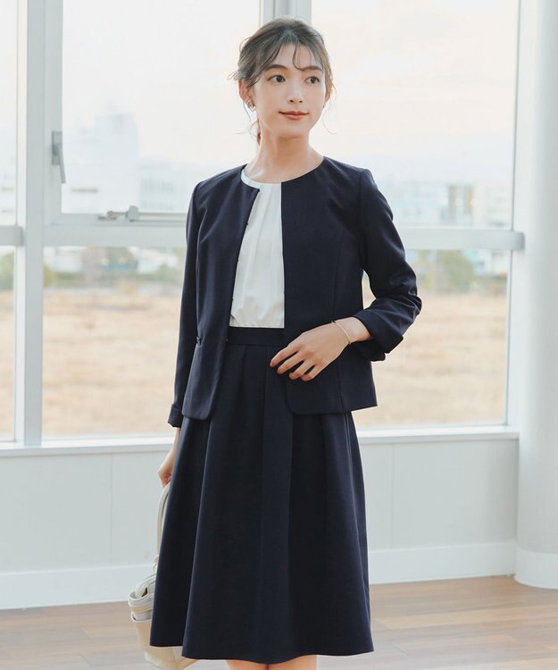 Tiaclasse L 【ダブルクロス・洗える】ノーカラージャケット ネイビー