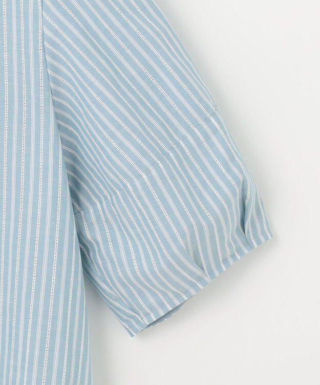 J.PRESS LADIES 【洗える】BEZ空羽ストライプ クルーネック V開き ブラウス シーブルー系1