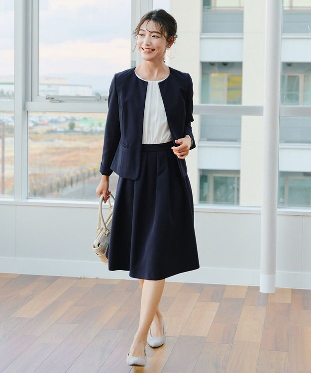 Tiaclasse L 【ダブルクロス・洗える】ノーカラージャケット ネイビー