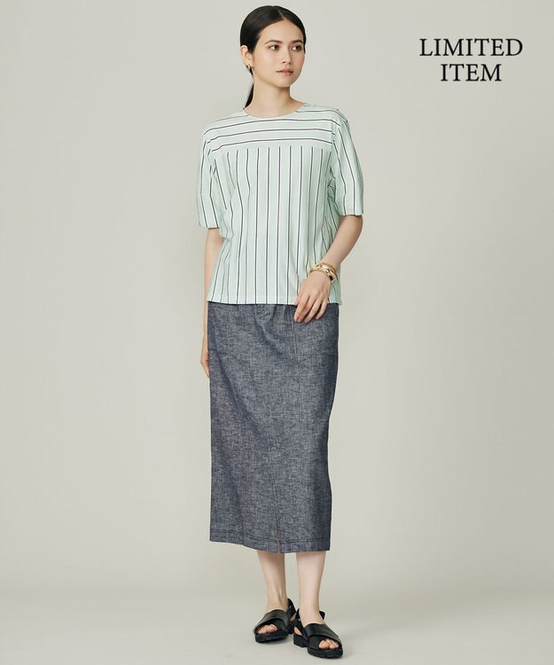 自由区 S 【WEB限定・洗える】ストライプハイゲージジャージー カットソー グリーン