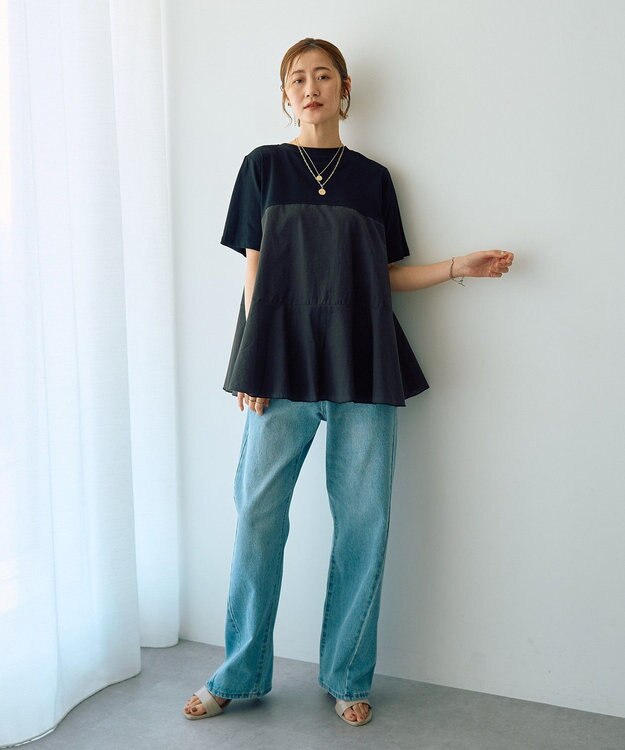 YECCA VECCA 【DOLL UP OOPS】異素材切替フレアートップス Black