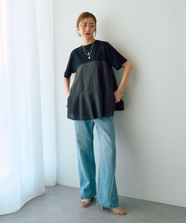 YECCA VECCA 【DOLL UP OOPS】異素材切替フレアートップス Black