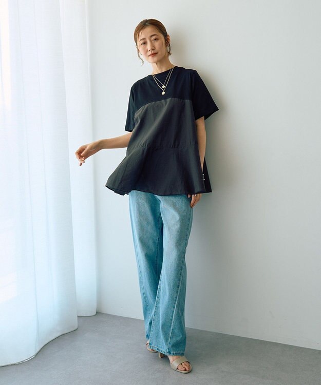 YECCA VECCA 【DOLL UP OOPS】異素材切替フレアートップス Black