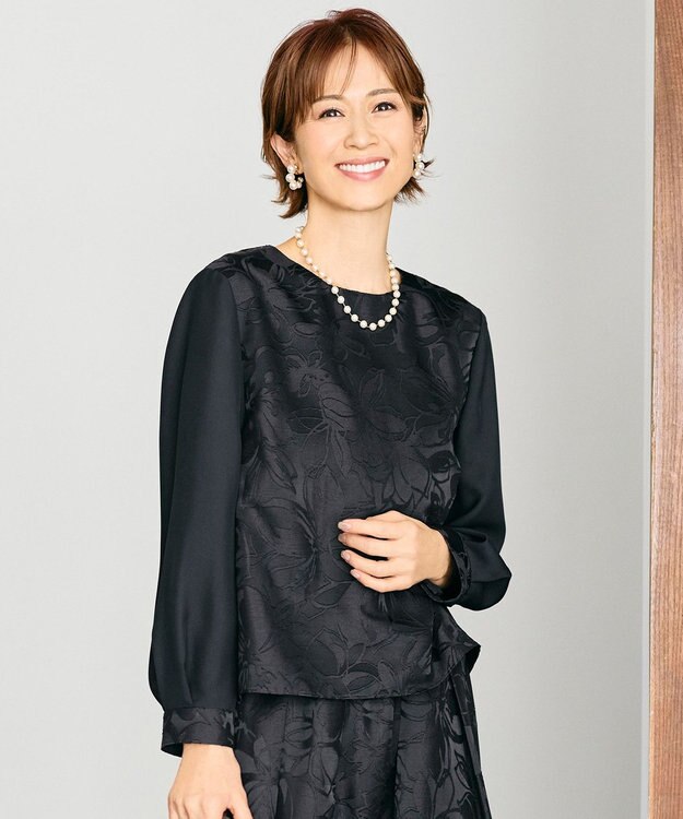 自由区 L 【カタログ掲載・セットアップ対応】フラワーオパールプリントブロッキング ブラウス ネイビー