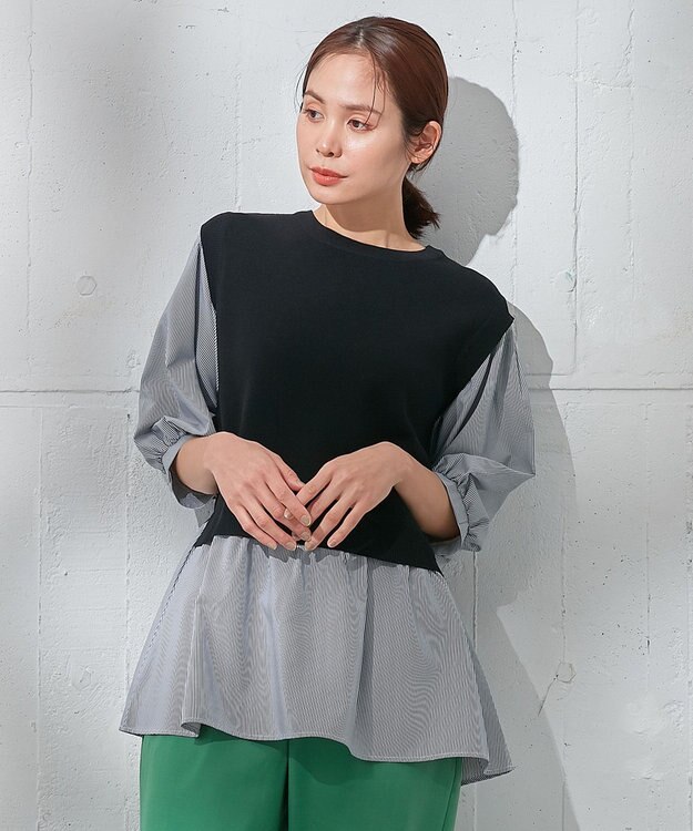ANY 【洗濯機可】ニットレイヤードブラウス ブラック