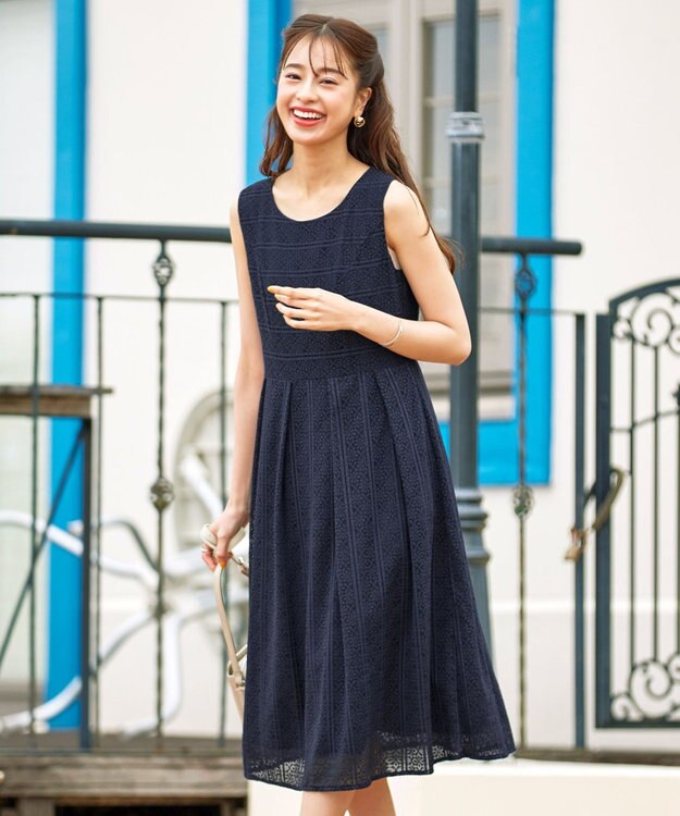 Tiaclasse 【新色追加・洗える】大人上品な総レースワンピース ネイビー