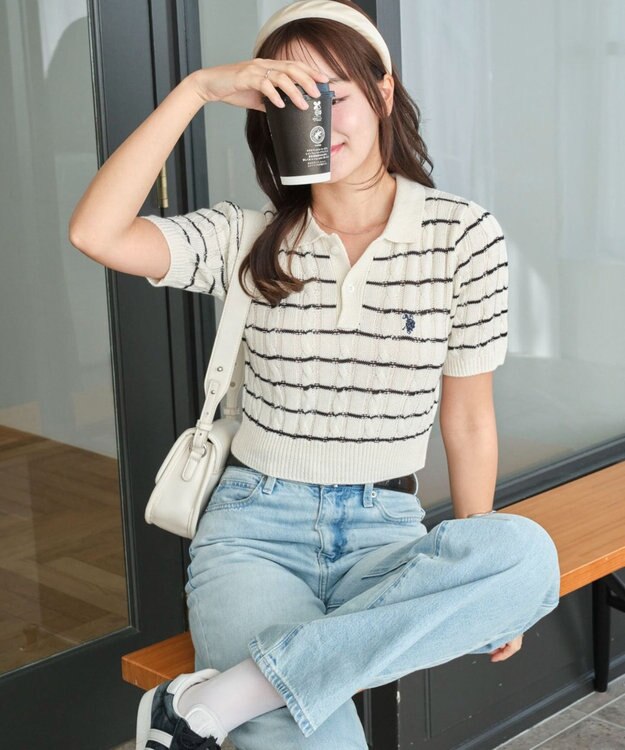 WEGO 別注USPOLO　ケーブルニットポロ ホワイトボーダー