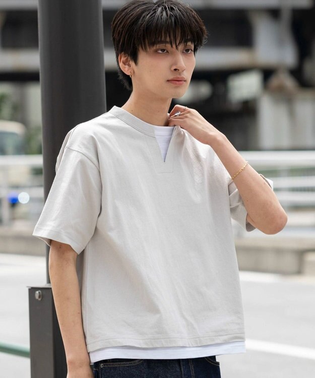 WEGO 【ユニセックス着用ITEM/MLサイズ展開】フェイクレイヤードキーネックT（SS） ライトグレー