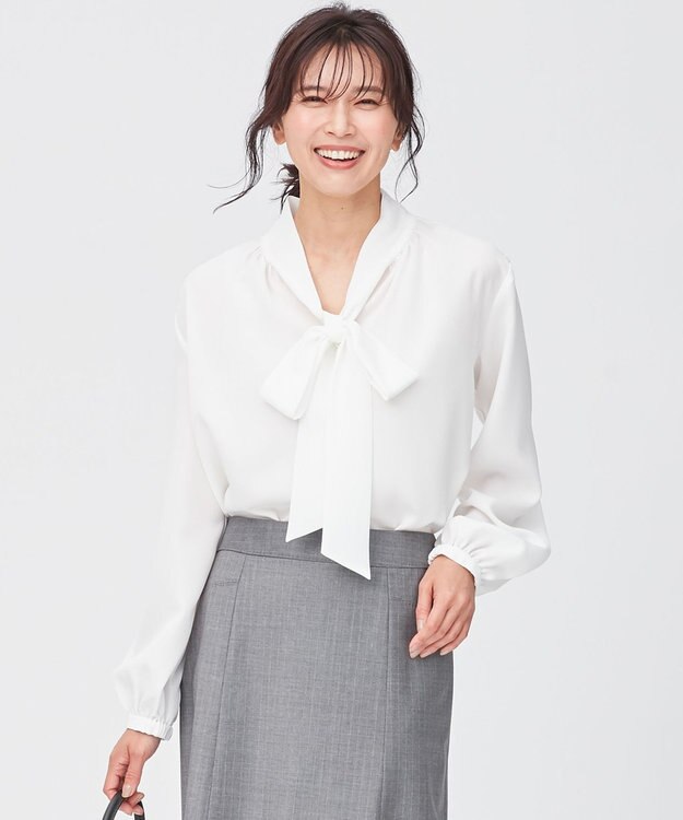 23区 L リボンディテール ギャザー ブラウス アイボリー