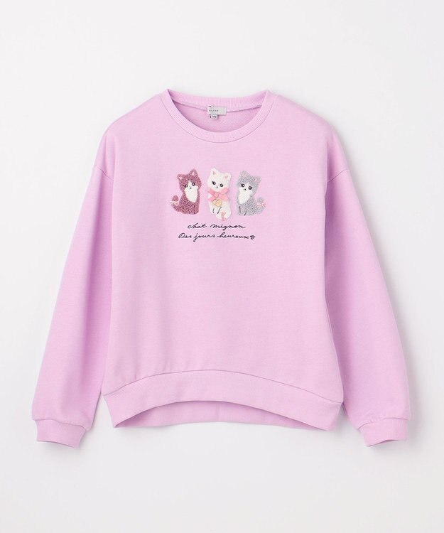 ANY KIDS 【らくっトレーナー】アニマル 裏毛 サガラ刺しゅう トレーナー ラベンダー（ネコ）