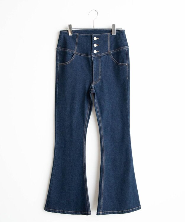 WEGO ハイウエストストレッチデニムフレアパンツ デニム濃色