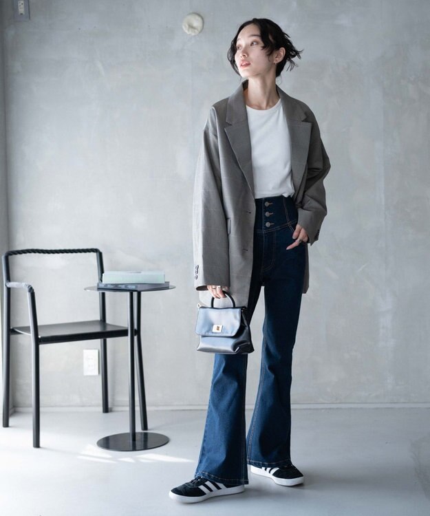 WEGO ハイウエストストレッチデニムフレアパンツ デニム濃色