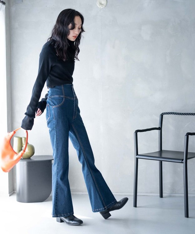 WEGO ハイウエストストレッチデニムフレアパンツ デニム濃色